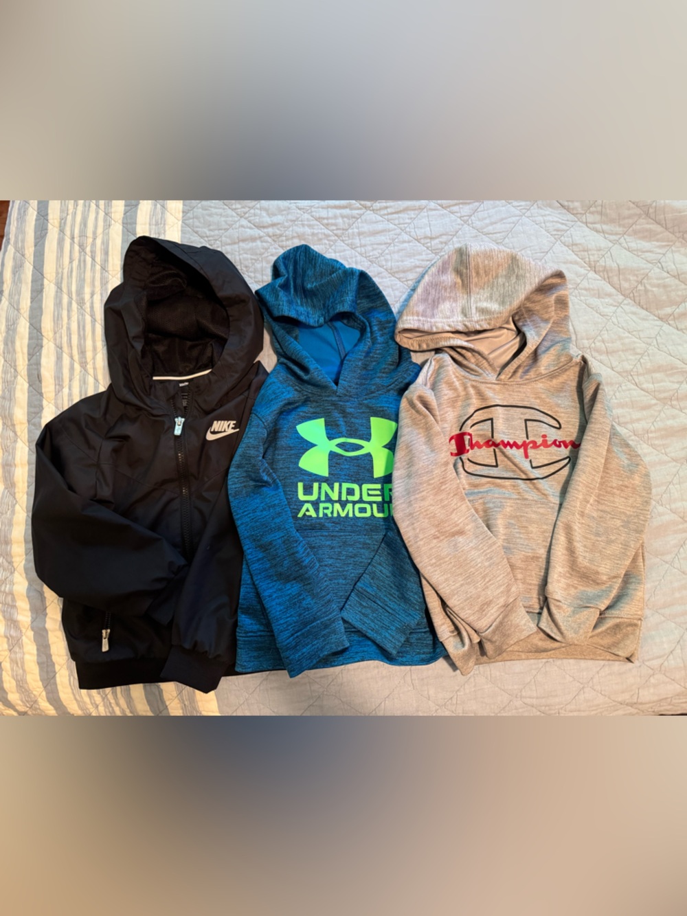 Nike Black Zip Hoodie, Under Armour Blue Hoodie, Champion Gray Hoodie - Bundle